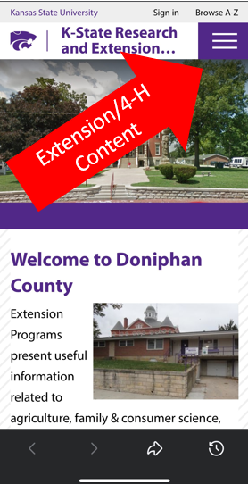 Screenshot of mobile phone to access doniphan.ksu.edu subpages.